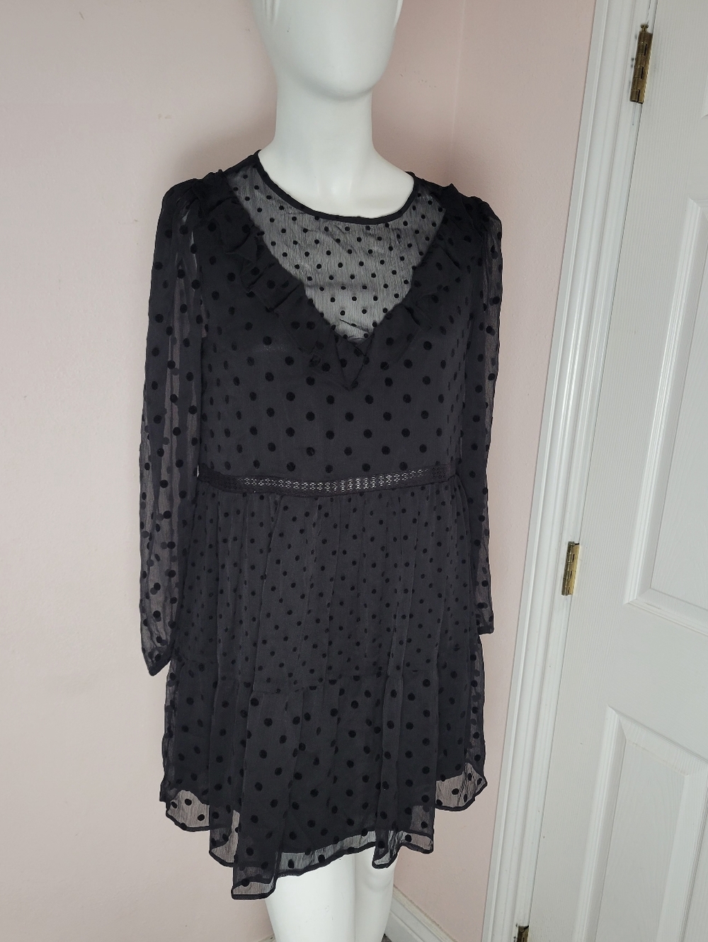Zara Black Polka Dot Mesh Mini Dress Ruffle Flirty Romantic Long Sleeve Size M - Picture 3 of 8